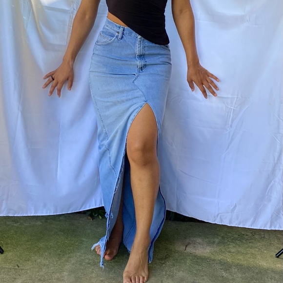 HIGH WAIST SPLIT THIGH REIMAGINED RAW EDGE CUSTOM DENIM SKIRT 27/28 WAIST 38-40 - Picture 3 of 3